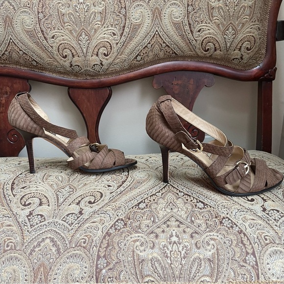 Coach Fawn Light Brown Snakeskin Embossed Leather Strappy Heels Open Toe Size 11 - Picture 4 of 10